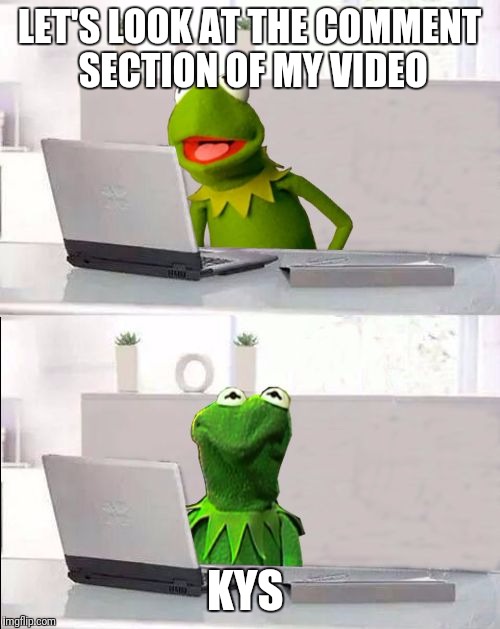 Hide The Pain Kermit | LET'S LOOK AT THE COMMENT SECTION OF MY VIDEO; KYS | image tagged in hide the pain kermit | made w/ Imgflip meme maker