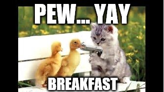 pew | PEW...
YAY; BREAKFAST | image tagged in cats with guns,rip ducks | made w/ Imgflip meme maker