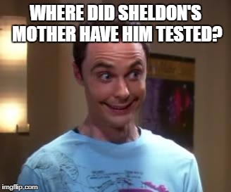 Sheldon Cooper smile | WHERE DID SHELDON'S MOTHER HAVE HIM TESTED? | image tagged in sheldon cooper smile | made w/ Imgflip meme maker