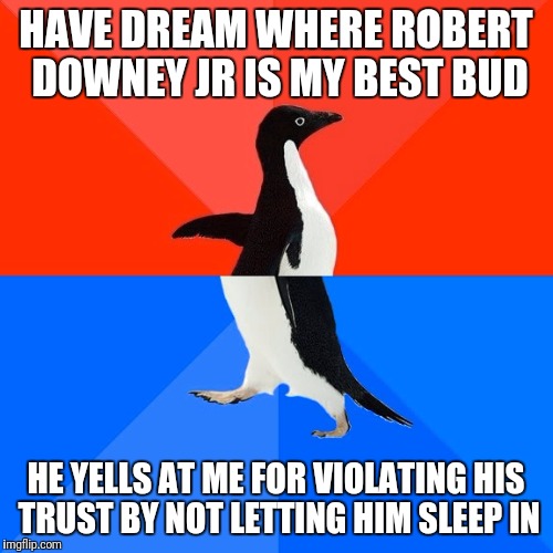 Socially Awesome Awkward Penguin | HAVE DREAM WHERE ROBERT DOWNEY JR IS MY BEST BUD; HE YELLS AT ME FOR VIOLATING HIS TRUST BY NOT LETTING HIM SLEEP IN | image tagged in memes,socially awesome awkward penguin,AdviceAnimals | made w/ Imgflip meme maker