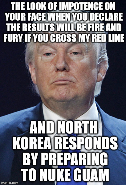 Donald Trump | THE LOOK OF IMPOTENCE ON YOUR FACE WHEN YOU DECLARE THE RESULTS WILL BE FIRE AND FURY IF YOU CROSS MY RED LINE; AND NORTH KOREA RESPONDS BY PREPARING TO NUKE GUAM | image tagged in donald trump | made w/ Imgflip meme maker