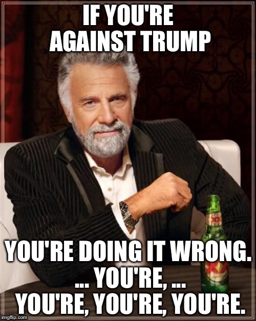 The Most Interesting Man In The World Meme | IF YOU'RE AGAINST TRUMP YOU'RE DOING IT WRONG. ... YOU'RE, ... YOU'RE, YOU'RE, YOU'RE. | image tagged in memes,the most interesting man in the world | made w/ Imgflip meme maker