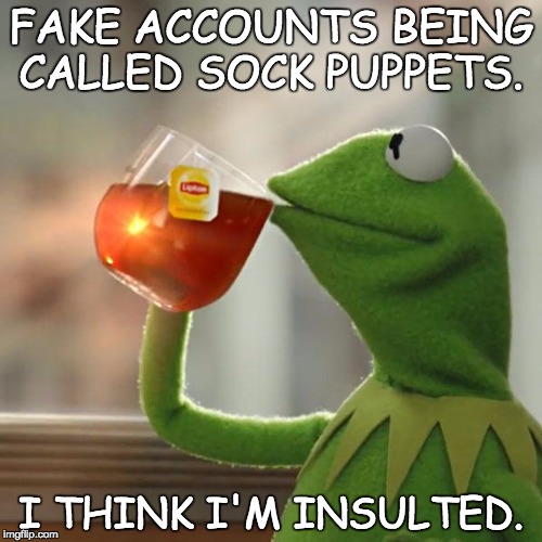 But That's None Of My Business Meme | FAKE ACCOUNTS BEING CALLED SOCK PUPPETS. I THINK I'M INSULTED. | image tagged in memes,but thats none of my business,kermit the frog | made w/ Imgflip meme maker
