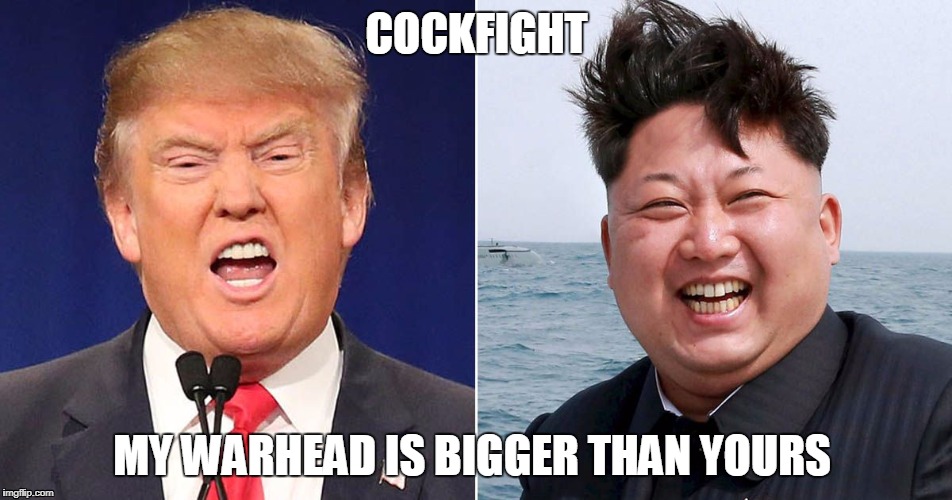 Cockfight | COCKFIGHT; MY WARHEAD IS BIGGER THAN YOURS | image tagged in cockfight | made w/ Imgflip meme maker