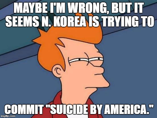 Futurama Fry | MAYBE I'M WRONG, BUT IT SEEMS N. KOREA IS TRYING TO; COMMIT "SUICIDE BY AMERICA." | image tagged in memes,futurama fry | made w/ Imgflip meme maker