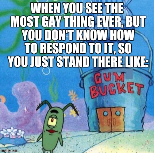 SP_Plankton | WHEN YOU SEE THE MOST GAY THING EVER, BUT YOU DON'T KNOW HOW TO RESPOND TO IT, SO YOU JUST STAND THERE LIKE: | image tagged in sp_plankton | made w/ Imgflip meme maker