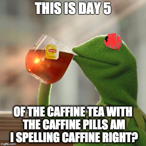 But That's None Of My Business Meme | THIS IS DAY 5; OF THE CAFFINE TEA WITH THE CAFFINE PILLS AM I SPELLING CAFFINE RIGHT? | image tagged in memes,but thats none of my business,kermit the frog | made w/ Imgflip meme maker