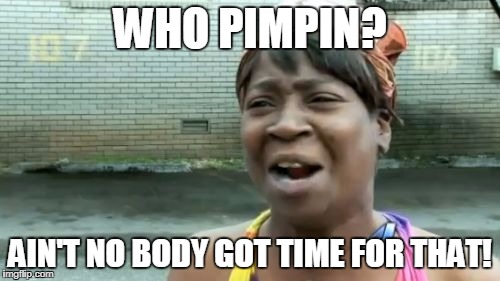 Ain't Nobody Got Time For That | WHO PIMPIN? AIN'T NO BODY GOT TIME FOR THAT! | image tagged in memes,aint nobody got time for that | made w/ Imgflip meme maker