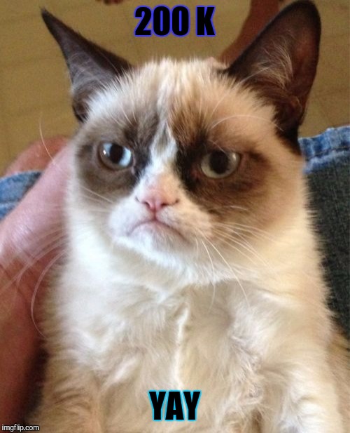 FINALLY :D | 200 K; YAY | image tagged in funny,grumpy cat,imgflip,cats,animals,memes | made w/ Imgflip meme maker