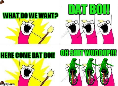 What Do We Want Meme | DAT BOI! WHAT DO WE WANT? OH SHIT WUDDUP!!! HERE COME DAT BOI! | image tagged in memes,what do we want,scumbag | made w/ Imgflip meme maker