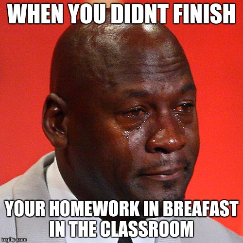 Michael Jordan Crying | WHEN YOU DIDNT FINISH; YOUR HOMEWORK IN BREAFAST IN THE CLASSROOM | image tagged in michael jordan crying | made w/ Imgflip meme maker