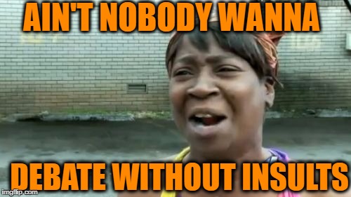 Ain't Nobody Got Time For That Meme | AIN'T NOBODY WANNA DEBATE WITHOUT INSULTS | image tagged in memes,aint nobody got time for that | made w/ Imgflip meme maker