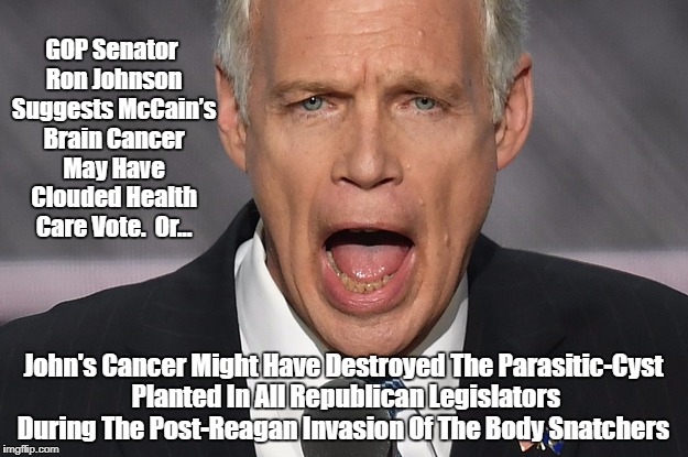 Senator Ron Johnson's View Of McCain's Brain Cancer. (And My View)" | GOP Senator Ron Johnson Suggests McCain’s Brain Cancer May Have Clouded Health Care Vote.  Or... John's Cancer Might Have Destroyed The Parasitic-Cyst Planted In All Republican Legislators During The Post-Reagan Invasion Of The Body Snatchers | image tagged in john mccain,gop senator ron johnson,what's wrong with these people,what's wrong with the gop,what's wrong with republicans,mean | made w/ Imgflip meme maker