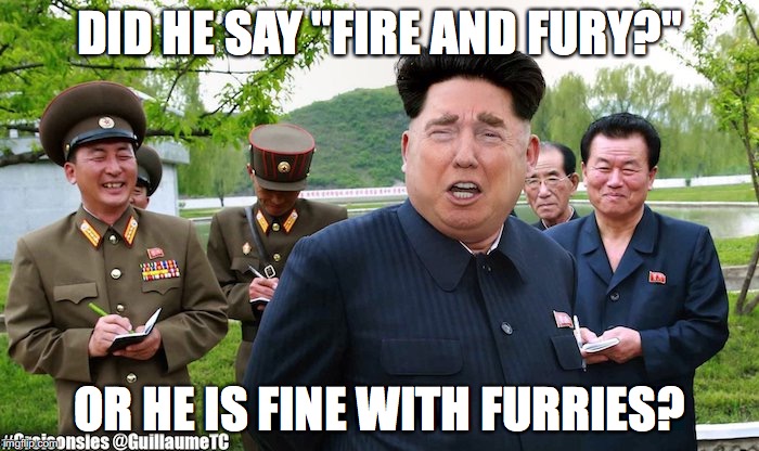 Kim Jong-Trump | DID HE SAY "FIRE AND FURY?"; OR HE IS FINE WITH FURRIES? | image tagged in donald trump | made w/ Imgflip meme maker