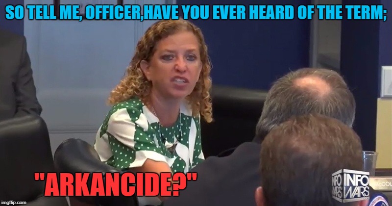 SO TELL ME, OFFICER,HAVE YOU EVER HEARD OF THE TERM;; "ARKANCIDE?" | image tagged in wasserman schultz | made w/ Imgflip meme maker