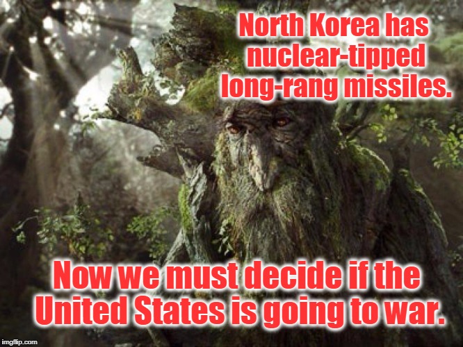 Treebeard Meme | North Korea has nuclear-tipped long-rang missiles. Now we must decide if the United States is going to war. | image tagged in treebeard meme,north korea,kim jong un,trump,lord of the rings,war | made w/ Imgflip meme maker