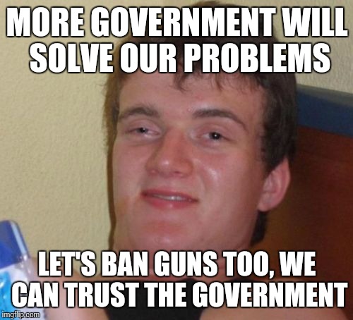 10 Guy Meme | MORE GOVERNMENT WILL SOLVE OUR PROBLEMS LET'S BAN GUNS TOO, WE CAN TRUST THE GOVERNMENT | image tagged in memes,10 guy | made w/ Imgflip meme maker
