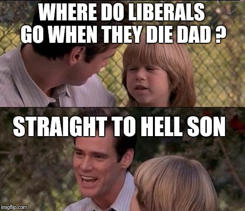 That's Just Something X Say Meme | WHERE DO LIBERALS GO WHEN THEY DIE DAD ? STRAIGHT TO HELL SON | image tagged in memes,thats just something x say | made w/ Imgflip meme maker