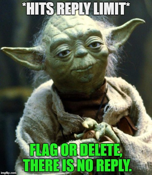 Star Wars Yoda | *HITS REPLY LIMIT*; FLAG OR DELETE, THERE IS NO REPLY. | image tagged in memes,star wars yoda | made w/ Imgflip meme maker