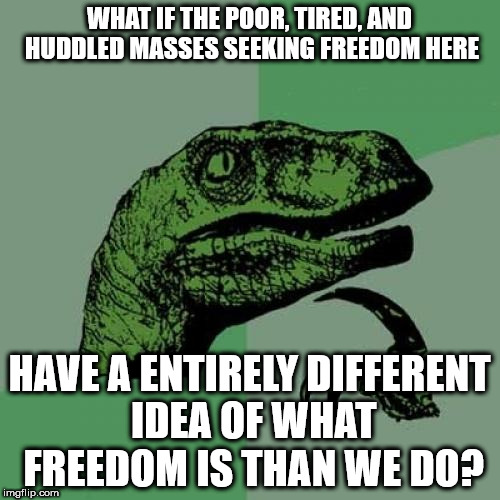 Philosoraptor Meme | WHAT IF THE POOR, TIRED, AND HUDDLED MASSES SEEKING FREEDOM HERE; HAVE A ENTIRELY DIFFERENT IDEA OF WHAT FREEDOM IS THAN WE DO? | image tagged in memes,philosoraptor | made w/ Imgflip meme maker