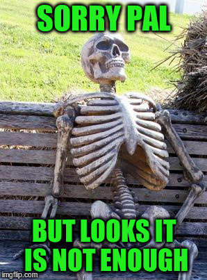 Waiting Skeleton Meme | SORRY PAL BUT LOOKS IT IS NOT ENOUGH | image tagged in memes,waiting skeleton | made w/ Imgflip meme maker