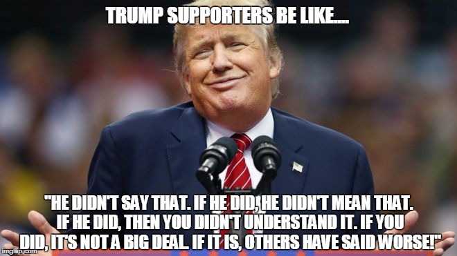 Trump Supporters | TRUMP SUPPORTERS BE LIKE.... "HE DIDN'T SAY THAT. IF HE DID, HE DIDN'T MEAN THAT. IF HE DID, THEN YOU DIDN'T UNDERSTAND IT. IF YOU DID, IT'S NOT A BIG DEAL. IF IT IS, OTHERS HAVE SAID WORSE!" | image tagged in cheeto,trump,orange,loser,fake | made w/ Imgflip meme maker