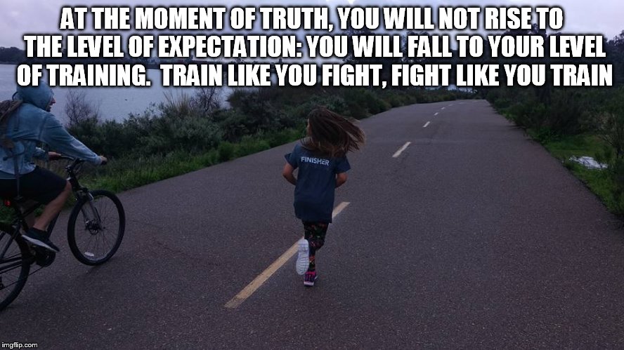 AT THE MOMENT OF TRUTH, YOU WILL NOT RISE TO THE LEVEL OF EXPECTATION: YOU WILL FALL TO YOUR LEVEL OF TRAINING.  TRAIN LIKE YOU FIGHT, FIGHT LIKE YOU TRAIN | image tagged in motivation | made w/ Imgflip meme maker
