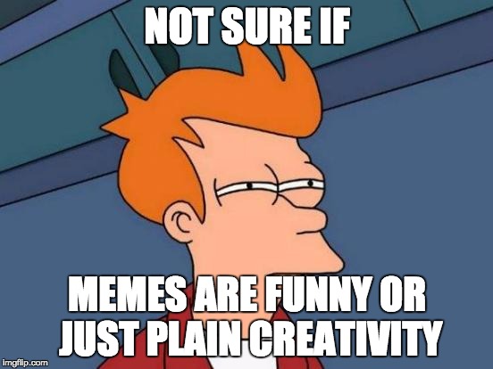 Futurama Fry | NOT SURE IF; MEMES ARE FUNNY OR JUST PLAIN CREATIVITY | image tagged in memes,futurama fry | made w/ Imgflip meme maker