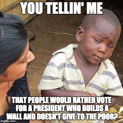 Third World Skeptical Kid Meme | YOU TELLIN' ME; THAT PEOPLE WOULD RATHER VOTE FOR A PRESIDENT WHO BUILDS A WALL AND DOESN'T GIVE TO THE POOR? | image tagged in memes,third world skeptical kid | made w/ Imgflip meme maker