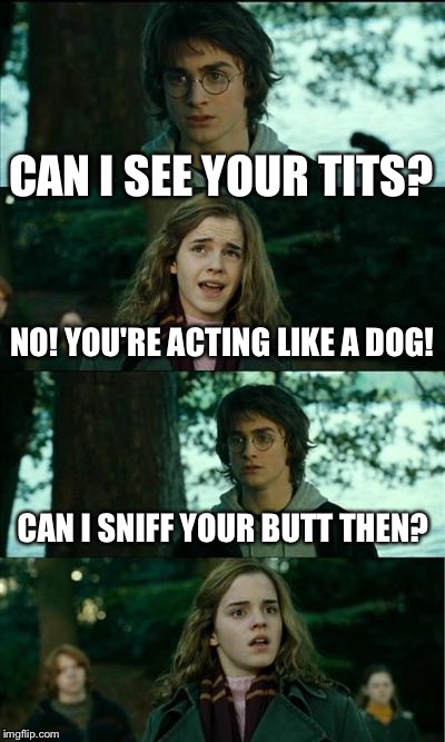 Horny Harry | CAN I SEE YOUR TITS? NO! YOU'RE ACTING LIKE A DOG! CAN I SNIFF YOUR BUTT THEN? | image tagged in memes,horny harry,tits,harry potter | made w/ Imgflip meme maker