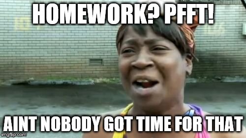 Ain't Nobody Got Time For That | HOMEWORK? PFFT! AINT NOBODY GOT TIME FOR THAT | image tagged in memes,aint nobody got time for that | made w/ Imgflip meme maker