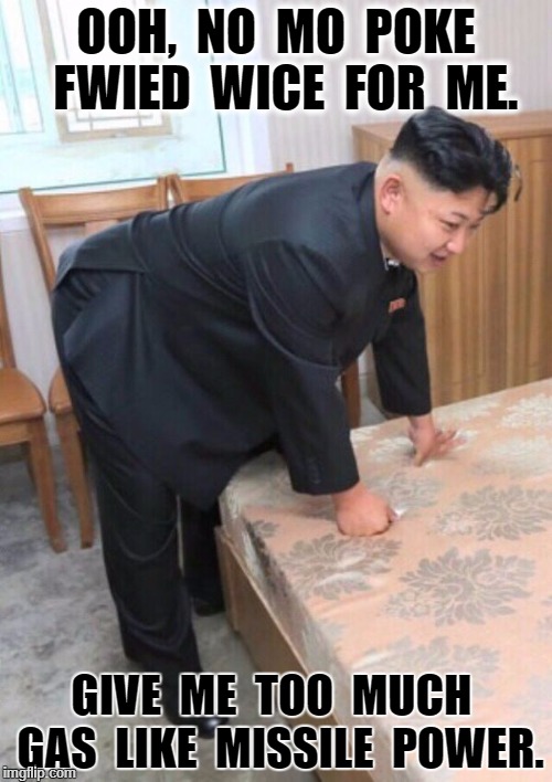 Kim Jong-Un Bent Over | OOH,  NO  MO  POKE  FWIED  WICE  FOR  ME. GIVE  ME  TOO  MUCH  GAS  LIKE  MISSILE  POWER. | image tagged in kim jong-un bent over | made w/ Imgflip meme maker