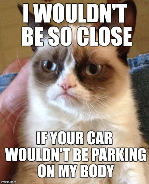 PROXIMITY PROBLEMS | I WOULDN'T BE SO CLOSE; IF YOUR CAR WOULDN'T BE PARKING ON MY BODY | image tagged in memes,grumpy cat,funny,proximity,problems | made w/ Imgflip meme maker