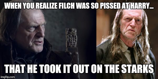 The Walder Frey/ Filch realization... | WHEN YOU REALIZE FILCH WAS SO PISSED AT HARRY... THAT HE TOOK IT OUT ON THE STARKS | image tagged in walder frey vs argo filch,game of thrones,harry potter,walder frey,filch | made w/ Imgflip meme maker