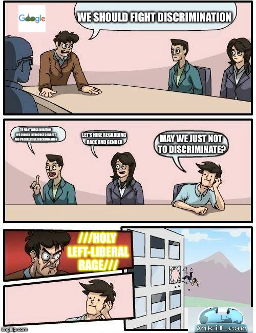 Boardroom Meeting Suggestion Meme | WE SHOULD FIGHT DISCRIMINATION; TO FIGHT DISCRIMINATION WE SHOULD INTRODUCE CORRECT AND PROGRESSIVE DISCRIMINATION; MAY WE JUST NOT TO DISCRIMINATE? LET'S HIRE REGARDING RACE AND GENDER; ///HOLY LEFT-LIBERAL RAGE/// | image tagged in memes,boardroom meeting suggestion | made w/ Imgflip meme maker