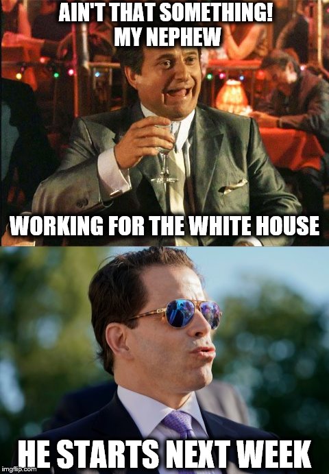 Pesci And Scaramucci  |  AIN'T THAT SOMETHING! MY NEPHEW; WORKING FOR THE WHITE HOUSE; HE STARTS NEXT WEEK | image tagged in memes,joe pesci,anthony scaramucci,scaramucci | made w/ Imgflip meme maker