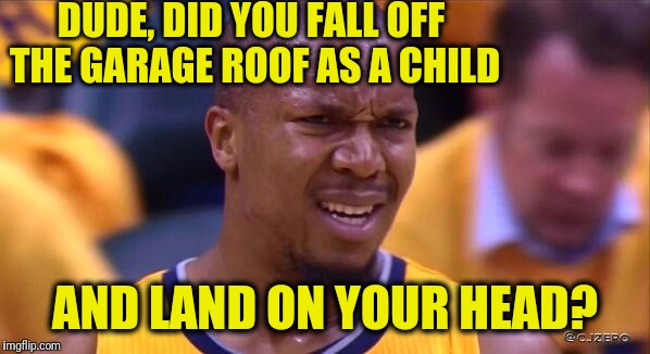 huh | DUDE, DID YOU FALL OFF THE GARAGE ROOF AS A CHILD AND LAND ON YOUR HEAD? | image tagged in huh | made w/ Imgflip meme maker