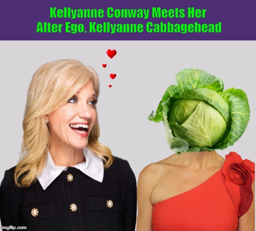Kellyanne Conway Meets Her Alter Ego, Kellyanne Cabbagehead | image tagged in kellyanne conway,donald trump,cabbage head,alternative facts,funny,alter ego | made w/ Imgflip meme maker