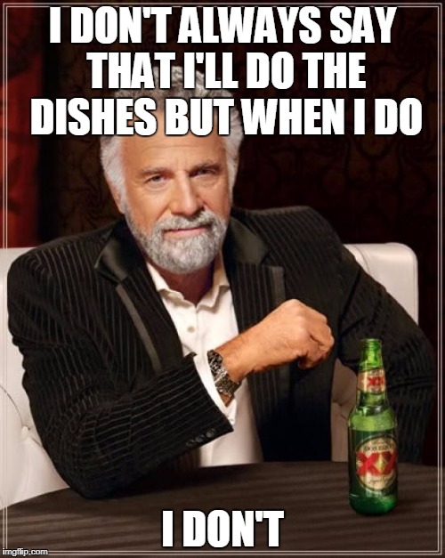 The Most Interesting Man In The World Meme | I DON'T ALWAYS SAY THAT I'LL DO THE DISHES BUT WHEN I DO; I DON'T | image tagged in memes,the most interesting man in the world,AdviceAnimals | made w/ Imgflip meme maker