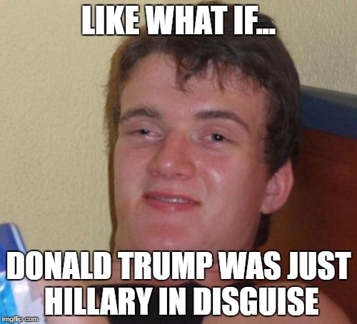 10 Guy Meme | LIKE WHAT IF... DONALD TRUMP WAS JUST HILLARY IN DISGUISE | image tagged in memes,10 guy | made w/ Imgflip meme maker