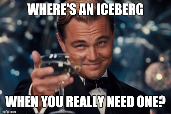 Leonardo Dicaprio Cheers Meme | WHERE'S AN ICEBERG WHEN YOU REALLY NEED ONE? | image tagged in memes,leonardo dicaprio cheers | made w/ Imgflip meme maker