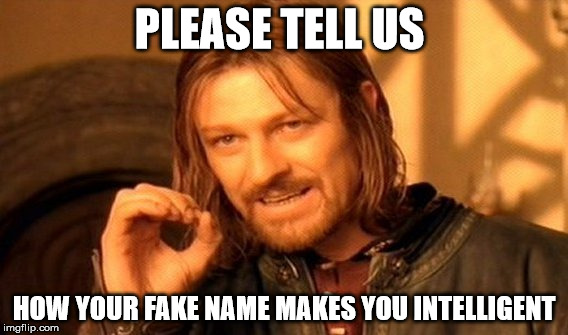 One Does Not Simply | PLEASE TELL US; HOW YOUR FAKE NAME MAKES YOU INTELLIGENT | image tagged in memes,one does not simply | made w/ Imgflip meme maker