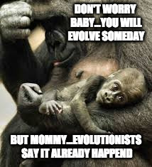 Creation Vs. Evolution | DON'T WORRY BABY...YOU WILL EVOLVE SOMEDAY; BUT MOMMY...EVOLUTIONISTS SAY IT ALREADY HAPPEND | image tagged in evolution,creation | made w/ Imgflip meme maker
