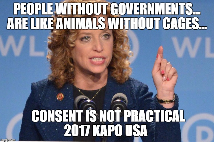 Debbie Wasserman Schultz | PEOPLE WITHOUT GOVERNMENTS... ARE LIKE ANIMALS WITHOUT CAGES... CONSENT IS NOT PRACTICAL 2017 KAPO USA | image tagged in debbie wasserman schultz | made w/ Imgflip meme maker