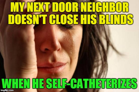 First World Problems Meme | MY NEXT DOOR NEIGHBOR DOESN'T CLOSE HIS BLINDS WHEN HE SELF-CATHETERIZES | image tagged in memes,first world problems | made w/ Imgflip meme maker