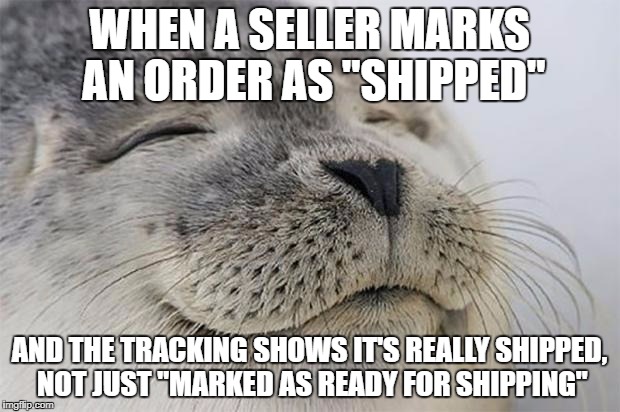 Satisfied Seal Meme | WHEN A SELLER MARKS AN ORDER AS "SHIPPED"; AND THE TRACKING SHOWS IT'S REALLY SHIPPED, NOT JUST "MARKED AS READY FOR SHIPPING" | image tagged in memes,satisfied seal,AdviceAnimals | made w/ Imgflip meme maker