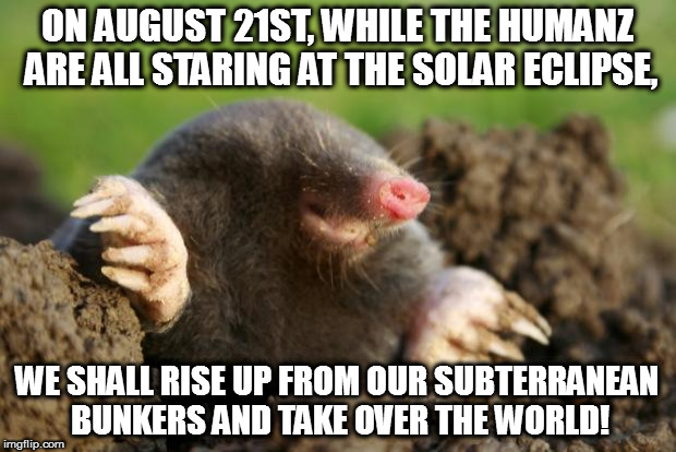 Molemen of the World Arise! | ON AUGUST 21ST, WHILE THE HUMANZ ARE ALL STARING AT THE SOLAR ECLIPSE, WE SHALL RISE UP FROM OUR SUBTERRANEAN BUNKERS AND TAKE OVER THE WORLD! | image tagged in mole,solar eclipse,revolution | made w/ Imgflip meme maker