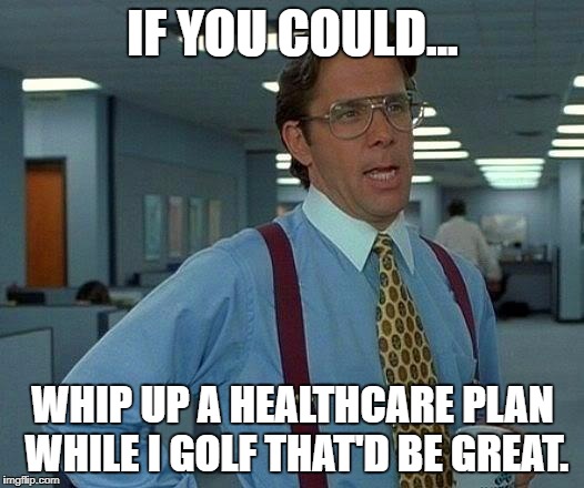 That Would Be Great Meme | IF YOU COULD... WHIP UP A HEALTHCARE PLAN WHILE I GOLF THAT'D BE GREAT. | image tagged in memes,that would be great | made w/ Imgflip meme maker
