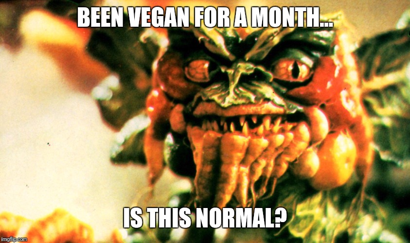 BEEN VEGAN FOR A MONTH... IS THIS NORMAL? | image tagged in vegan,vegetables,gremlins | made w/ Imgflip meme maker