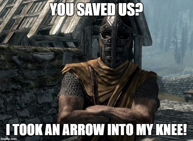 Skyrim guards be like | YOU SAVED US? I TOOK AN ARROW INTO MY KNEE! | image tagged in skyrim guards be like | made w/ Imgflip meme maker